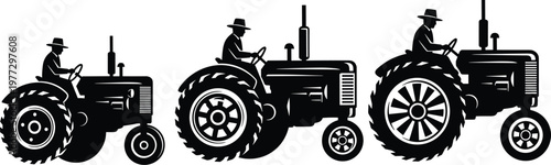 Vintage Style Farmer Silhouettes Driving Retro Industrial Tractors Set Featuring Classic Agricultural Machinery for Rural Farming Fieldwork Harvest and Countryside Branding Graphic Designs