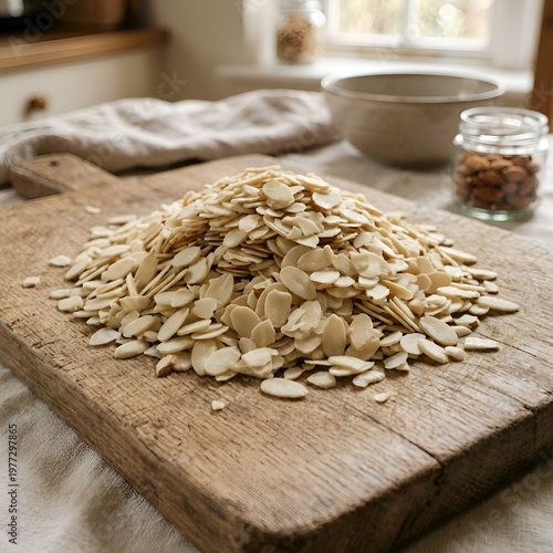 Pile of Sliced Almonds on a Wooden Cutting Board in a Kitchen Setting with Bowls and Jars