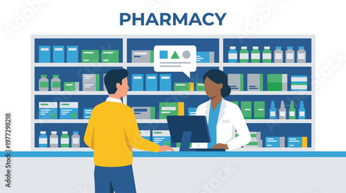 Pharmacy worker assisting customer.