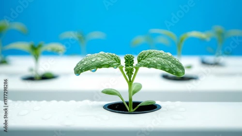 Hydroponic system of small green plants with water droplets