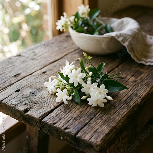 White Jasmine Flowers on a Rustic Wooden Table with a Ceramic Bowl