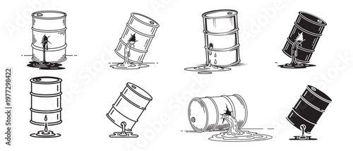 Series of oil or fuel barrel leaks and spills causing environmental contamination illustrated