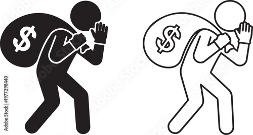 Robber carrying money bag icon, black and white versions