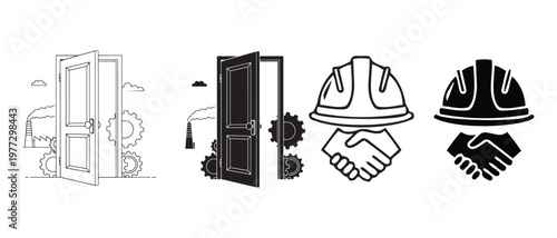 Set of front door views and hand interaction icons for security and access design