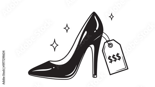 High heel shoe with a price tag indicating a high cost and sparkling stars featuring fashion, footwear, expensive with luxury and sale elements for