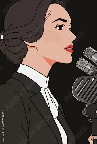 Stylish Woman Speaking into Vintage Microphone