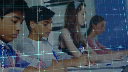 Students writing in classroom, camera shifting left, zooming, blue grid tracking pens for task