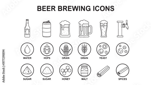 Beer brewing icons with ingredients and tools for making craft beer, presented in a clean, modern line art style for digital and print use.