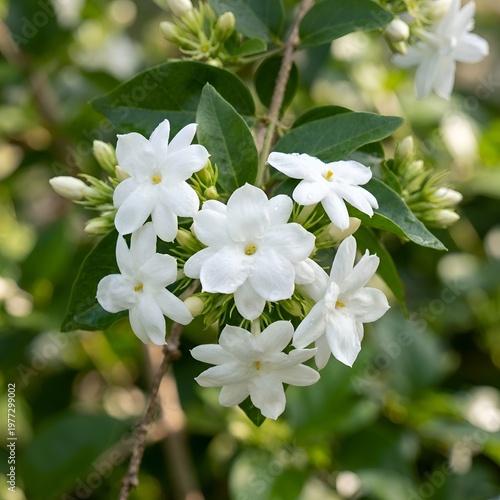 Vibrant White Jasmine Flowers with Dew Drops on Petals and Green Leaves in Blooming Garden Scene