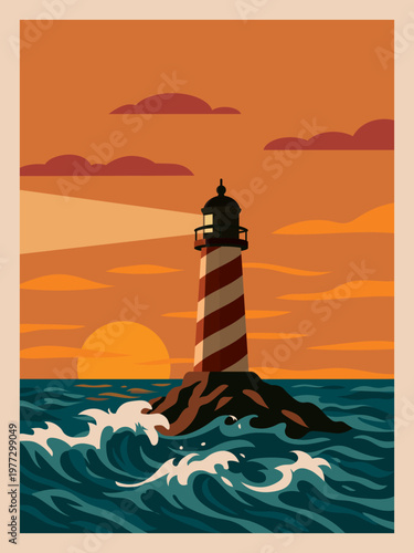 Striped lighthouse on a rock in the sea during sunset poster vector illustration