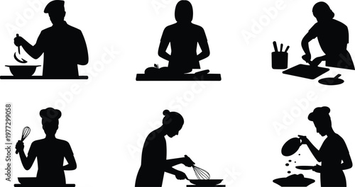 Black cooking silhouettes showing chefs preparing food, chopping vegetables, stirring bowls, kneading dough, whisking ingredients, pouring sauce in kitchen