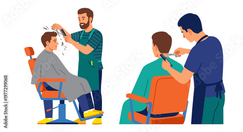 Barbers providing haircuts to customers in a modern salon setting