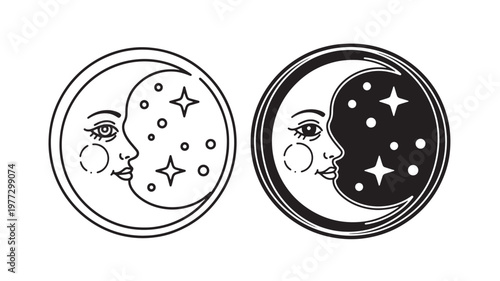 Moon faces with stars and circles in line art and solid black style featuring celestial, night sky, astrology with cosmic and horoscope elements for
