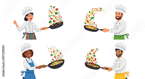 Diverse chefs preparing colorful food in frying pans vector illustration