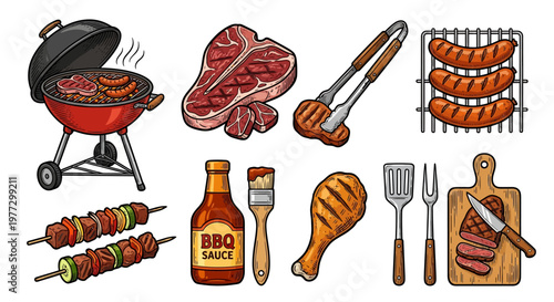 A colorful collection of barbecue ingredients and grilling tools