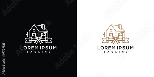 Minimalist House Logo with Ribbon and Text