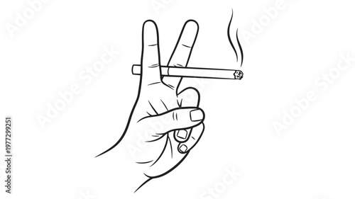 Hand holding a lit cigarette between fingers forming a peace sign, with smoke rising elegantly above.