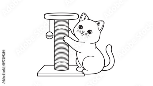 Kitten playing with a scratching post, a classic cat toy with a ball dangling for added amusement. featuring playful, cute, animal with domestic and
