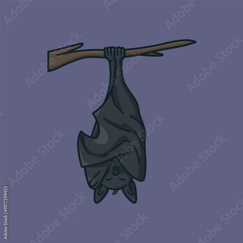 Sleeping bat hanging from stick cartoon vector illustration for Bat Appreciation Day on April 17