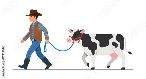 A farmer walks a black and white cow on a blue lead rope