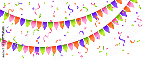 Vector colorful bunting isolated on a transparent background. Bright festive garland with confetti. Element of holiday decor for card, invitation, banner or background.