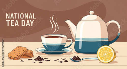 National tea day celebration with teapot cup biscuits and lemon on a table