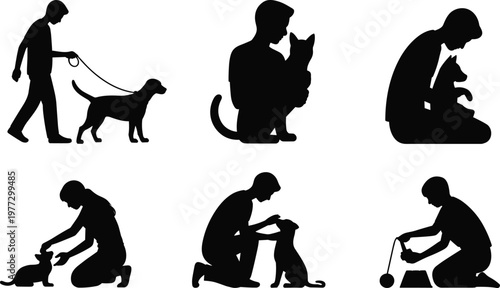 Black silhouette people with pets, walking dog, holding cat, feeding, petting, embracing vector illustration for animal care, love, companionship design