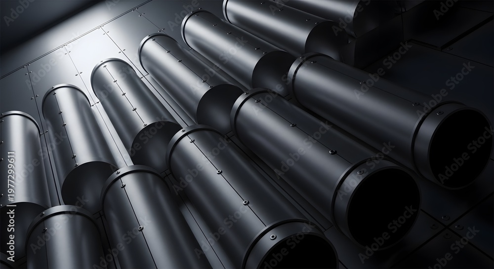 Fototapeta premium Industrial steel pipes a close up view of metallic infrastructure