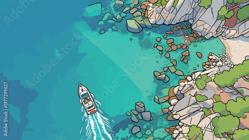 Aerial View of Boat on Turquoise Coastal Waters