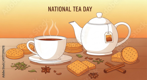 National tea day celebration with steaming cup and teapot surrounded by cookies and spices on a wooden table