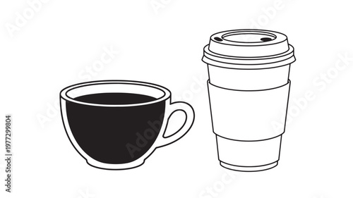 Cup of coffee and disposable coffee cup with lid and sleeve, presented in a minimalist line art style on a white background.