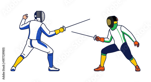 Two fencers engage in a dynamic bout with swords focused and competitive