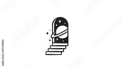 Portal to space with Saturn and stars, represented by a black icon with stairs leading upwards. featuring galaxy, planet, illustration with graphic