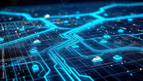 Futuristic abstract EV technology background with glowing electric circuits flowing like roads, neon blue energy lines, digital grid landscape, symbolizing smart electric vehicles,