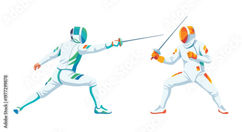Two fencers engaged in a dynamic competitive bout with swords
