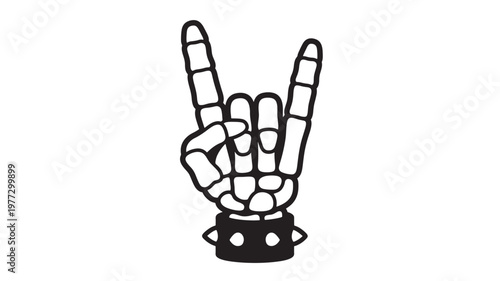 Skeleton hand with index and pinky fingers raised in a rock and roll gesture, wearing a spiked wristband, isolated on white.