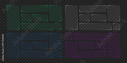 An arrangement of rectangular interface elements in teal gray blue and purple hues set against a dark background