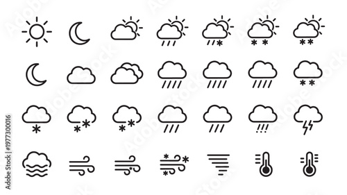 Konstfotografi Icons set representing weather conditions with sun, moon, clouds, rain, snow, wind, and thermometers