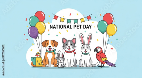 National pet day celebration with animals and balloons