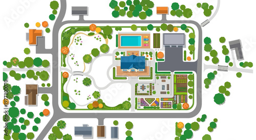 Aerial view of a large estate with a pool and landscaped gardens