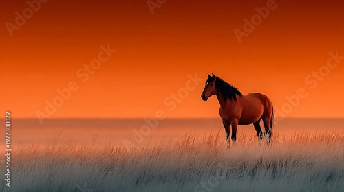 Brown horse standing in field at orange sunset landscape