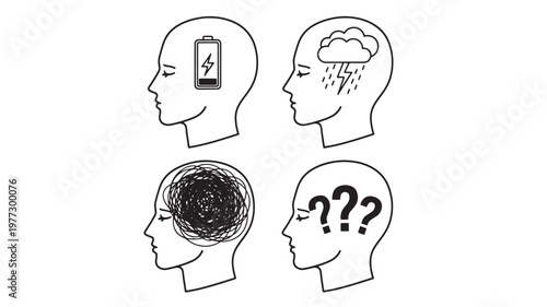 Heads with different mental states: low battery, storm, confusion, and questions, representing emotional well-being.