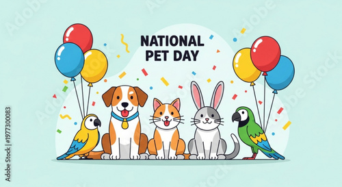 National pet day celebration with animals and balloons
