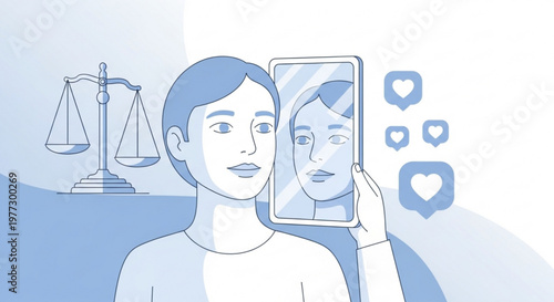 Woman taking selfies with justice scale in background symbolizing social media and law balance