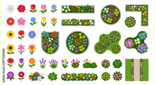 Colorful flower arrangements and garden borders in a flat illustrative style