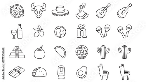 Icons representing a bull, sombrero, flamenco dancer, guitars, mate, tacos, skulls, cacti, and llamas, capturing vibrant Latin American culture.