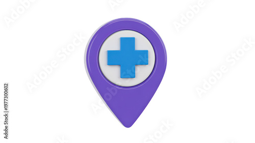 Free Download Purple map location pin with a blue medical cross symbol for healthcare services navigation isolated on a transparent background - GFXLoad
