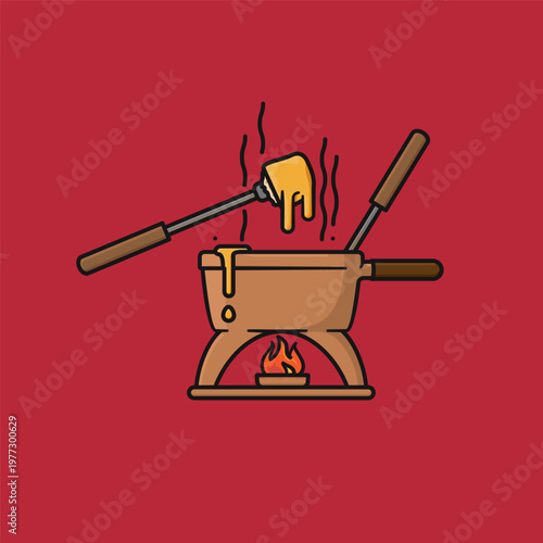Traditional Swiss cheese fondue with two forks and clay stove vector illusztration