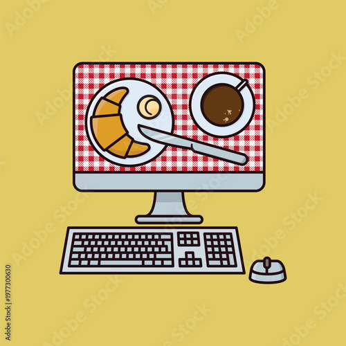 Breakfast displayed on the screen of dekstop computer vector illustration for Deskfast Day on April 12
