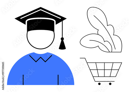 Education, sustainability, online shopping, e-learning, consumer choices, eco-friendly practices. ion of a graduate cap, leaves and shopping cart. Education and sustainability highlighted